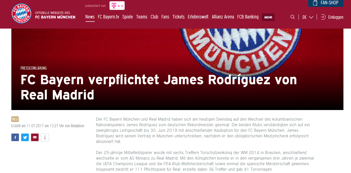 James Rodriguez, James, Bayern Munich, thông tin chuyển nhượng chính thức, 