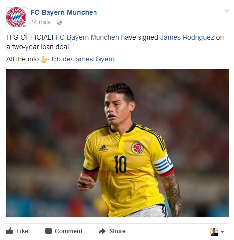 James Rodriguez, James, Bayern Munich, thông tin chuyển nhượng chính thức, 